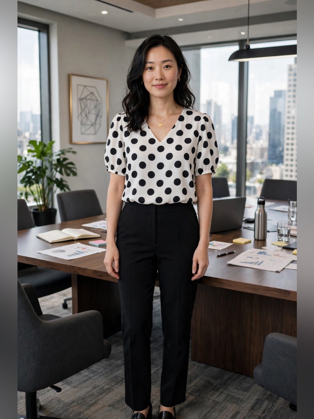 Maurices White Scoop Neck Blouse with Black Polka Dots